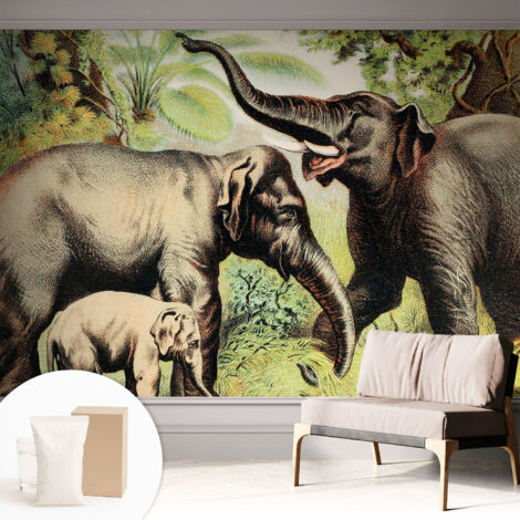 Papier peint intissé pour salon chambre à coucher peint imprimé Installation facile - Colle incluse gratuite Famille d'éléphants 312x219 cm (1/5)