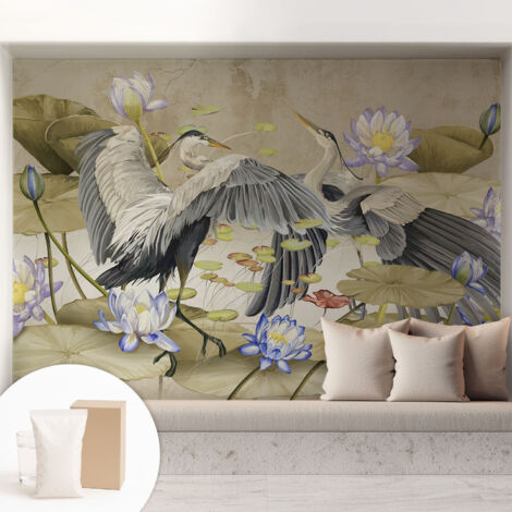 Papier peint intissé avec imprimé pour décoration intérieure pour rénovation a motif - Colle incluse gratuite Oiseaux et lys 208x146 cm (1/5)
