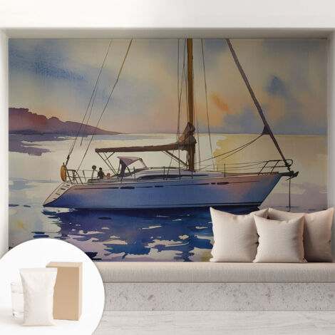 Papier peint intissé décoratif pour salon chambre et cuisine Facile à poser avec colle Voilier au coucher du soleil 208x146 cm (1/5)