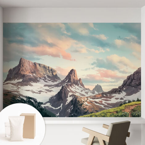 Papier peint intissé pour salon chambre à coucher peint imprimé Installation facile - Colle incluse gratuite Panorama montagneux 152x104 cm (1/5)
