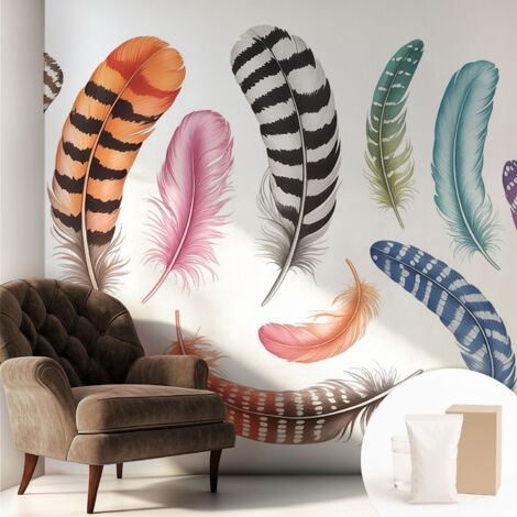 Papier peint intissé avec imprimé pour décoration intérieure pour rénovation a motif - Colle incluse gratuite Plumes pastel 250x250 cm (1/5)