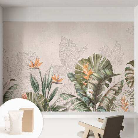 Papier peint intissé mural pour salon chambre à coucher tendance et originale - Colle incluse gratuite Fleurs tropicales 152x104 cm (1/5)