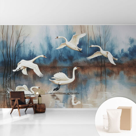 Papier peint intissé avec imprimé pour décoration intérieure pour rénovation a motif - Colle incluse gratuite Oiseaux en vol 416x254 cm (1/5)