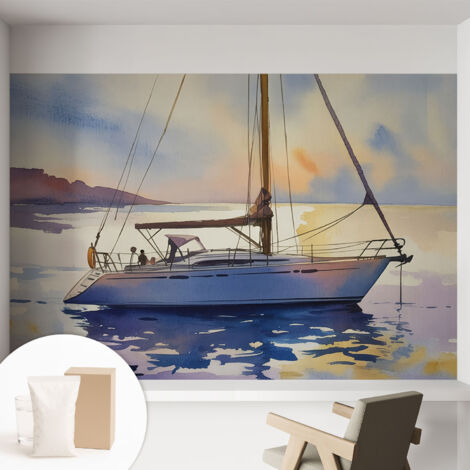 Papier peint intissé décoratif pour salon chambre et cuisine Facile à poser avec colle Voilier au coucher du soleil 152x104 cm (1/5)