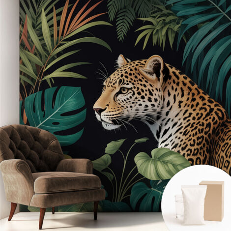 Papier peint intissé pour salon chambre à coucher peint imprimé Installation facile - Colle incluse gratuite Léopard exotique 250x250 cm (1/5)