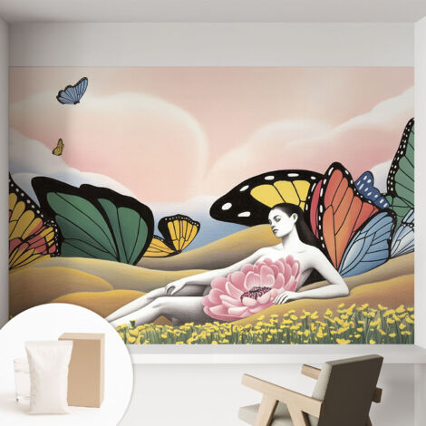 Papier peint intissé décoratif pour salon chambre et cuisine Facile à poser avec colle Prairie aux papillons 152x104 cm (1/5)