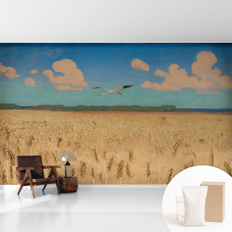 Papier peint intissé avec imprimé pour décoration intérieure pour rénovation a motif - Colle incluse gratuite Champ de blé 416x254 cm (1/5)