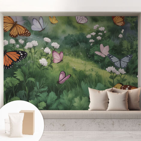 Papier peint intissé décoratif pour salon chambre et cuisine Facile à poser avec colle Papillons dans la prairie 208x146 cm (1/5)
