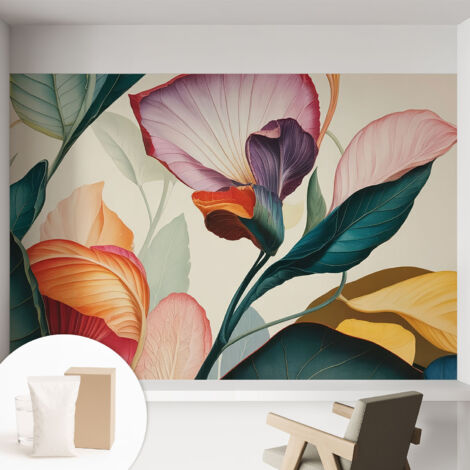 Papier peint intissé pour salon chambre à coucher peint imprimé Installation facile - Colle incluse gratuite Fleurs colorées 152x104 cm