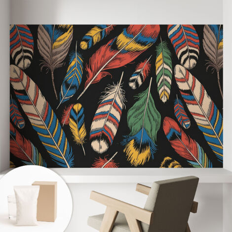 Papier peint intissé mural classique avec imprimé motifs décoratifs design élégant non‑tissé Plumes colorées 104x70 cm (1/5)