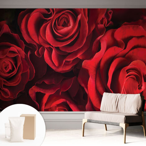 Papier peint intissé avec imprimé pour décoration intérieure pour rénovation a motif - Colle incluse gratuite Roses rouges 312x219 cm (1/5)