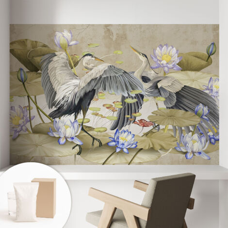 Papier peint intissé mural avec imprimé motifs décoratifs - style contemporain - Colle incluse gratuite Oiseaux et lys 104x70 cm (1/5)