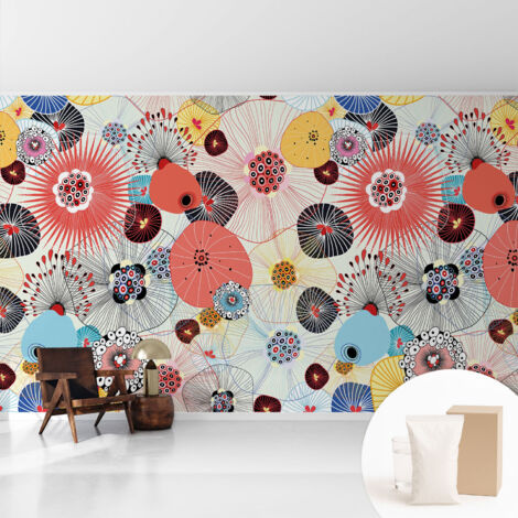 Papier peint intissé avec imprimé pour décoration intérieure pour rénovation a motif - Colle incluse gratuite Fleurs colorées 416x254 cm (1/5)