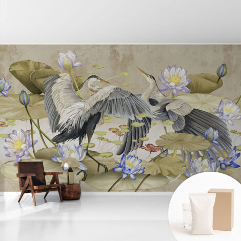 Papier peint intissé avec imprimé pour décoration intérieure pour rénovation a motif - Colle incluse gratuite Oiseaux et lys 416x254 cm (1/5)