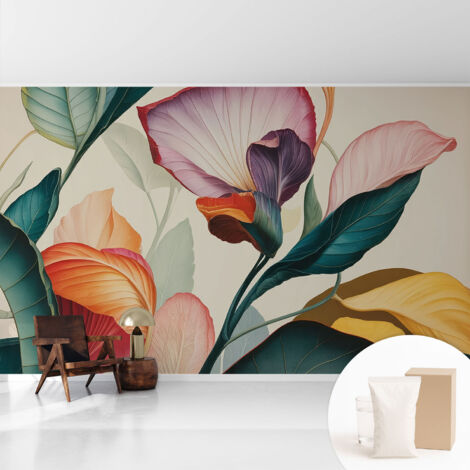 Papier peint intissé pour salon chambre à coucher peint imprimé Installation facile - Colle incluse gratuite Fleurs colorées 416x254 cm (1/5)