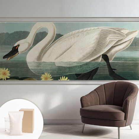 Papier peint intissé avec imprimé pour décoration intérieure pour rénovation a motif - Colle incluse gratuite Cygne et nénuphars 250x104 cm (1/5)