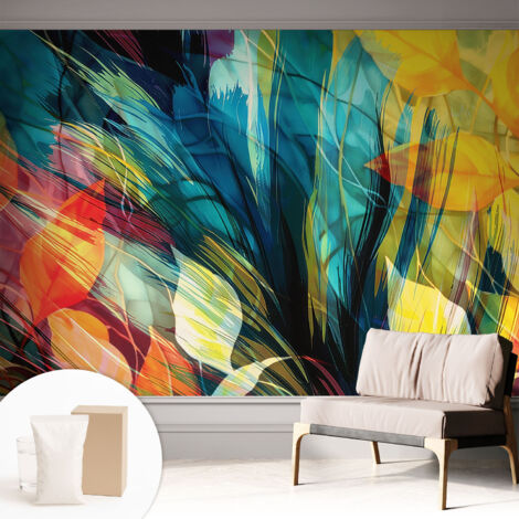 Papier peint intissé mural avec colle pour salon et chambre Décoration murale rapide - Colle incluse gratuite Feuilles abstraites 312x219 cm (1/5)