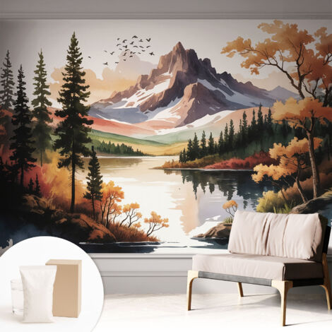 Papier peint intissé avec imprimé pour décoration intérieure pour rénovation a motif - Colle incluse gratuite Automne en montagne 312x219 cm (1/5)