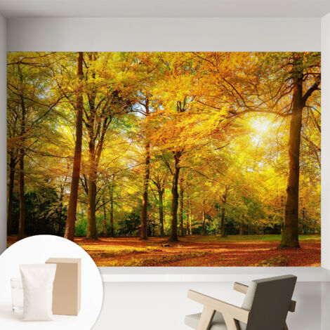Papier peint intissé décoratif avec colle pour salon chambre et bureau Installation rapide Feuilles dorées 152x104 cm (1/5)
