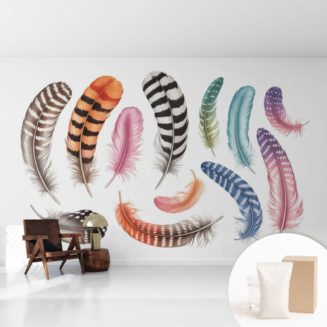Papier peint intissé avec imprimé pour décoration intérieure pour rénovation a motif - Colle incluse gratuite Plumes pastel 416x254 cm (1/5)
