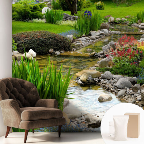 Papier peint intissé pour salon chambre à coucher peint imprimé pour mur - Colle incluse gratuite Jardin idyllique 250x250 cm (1/5)