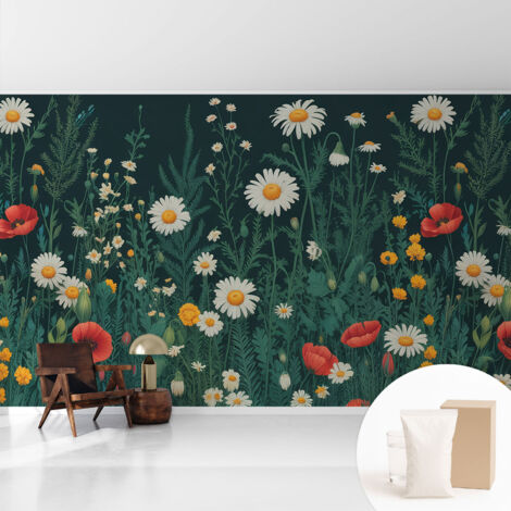 Papier peint intissé avec imprimé pour décoration intérieure pour rénovation a motif - Colle incluse gratuite Fleurs des champs 416x254 cm (1/5)