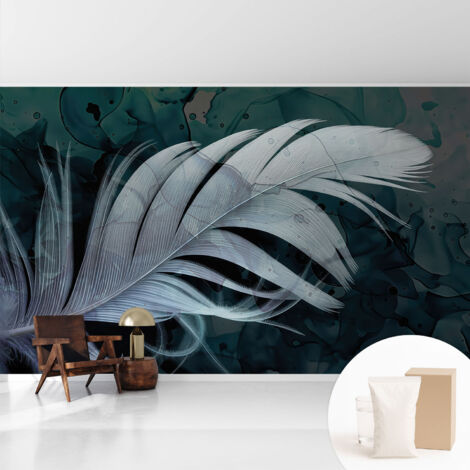 Papier peint intissé mural classique avec imprimé motifs décoratifs design élégant non‑tissé Plume éthérée 416x254 cm (1/5)