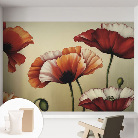Papier peint intissé mural classique avec imprimé motifs décoratifs design élégant non‑tissé Coquelicots joyeux 152x104 cm (1/5)