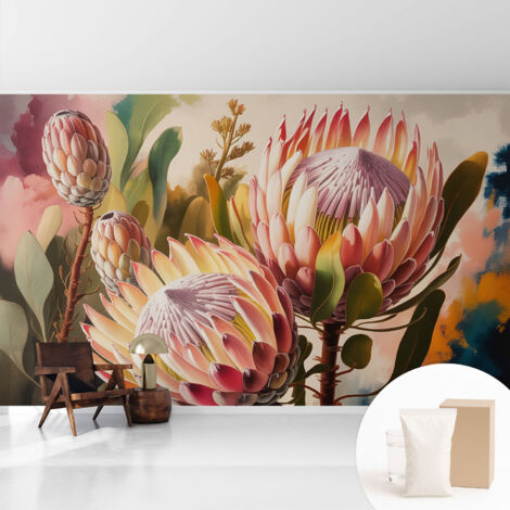 Papier peint intissé décoratif pour salon chambre et cuisine Facile à poser avec colle Fleurs de protéa 416x254 cm (1/5)