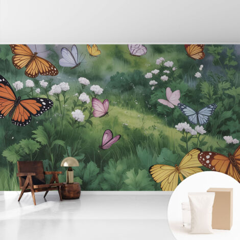 Papier peint intissé décoratif pour salon chambre et cuisine Facile à poser avec colle Papillons dans la prairie 416x254 cm (1/5)