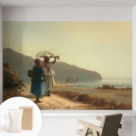 Papier peint intissé mural classique avec imprimé motifs décoratifs design élégant non‑tissé Promenade en bord de mer 152x104 cm (1/5)