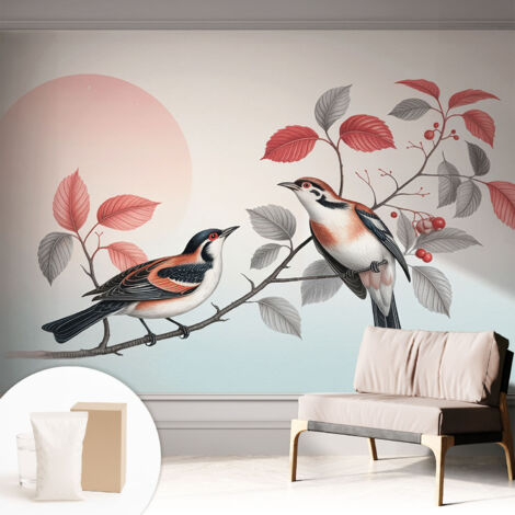 Papier peint intissé mural avec colle pour salon et chambre Décoration murale rapide - Colle incluse gratuite Oiseaux perchés 312x219 cm (1/5)