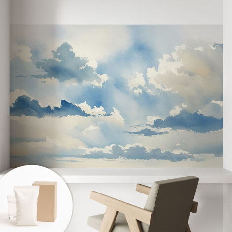 Papier peint intissé mural classique avec imprimé motifs décoratifs design élégant non‑tissé Nuages célestes 104x70 cm (1/5)