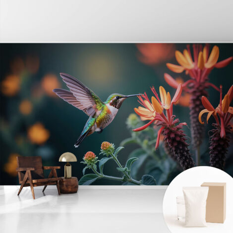 Papier peint intissé décoratif pour chambre et salon Design moderne à poser facilement - Colle incluse gratuite Fleurs de colibri 416x254 cm (1/5)