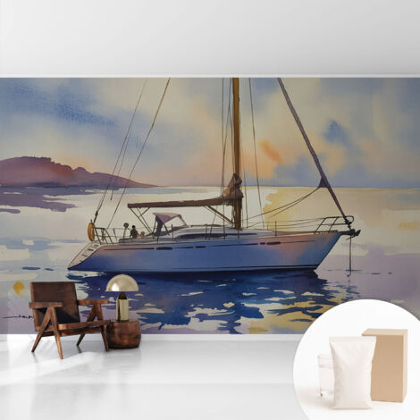 Papier peint intissé décoratif pour salon chambre et cuisine Facile à poser avec colle Voilier au coucher du soleil 416x254 cm (1/5)