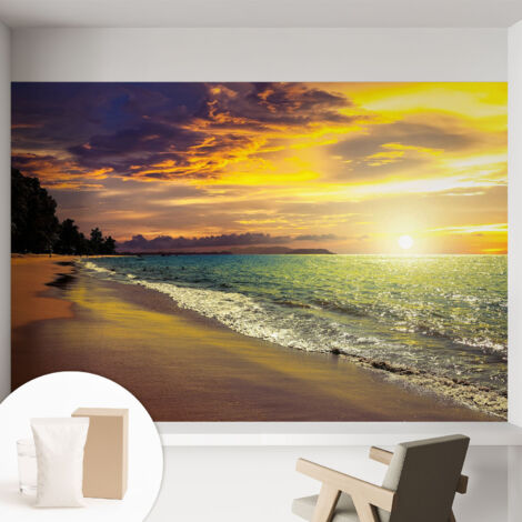 Papier peint avec colle pour décoration moderne de salon chambre à coucher cuisine et bureau Facile Plage au coucher du soleil 152x104 cm (1/5)