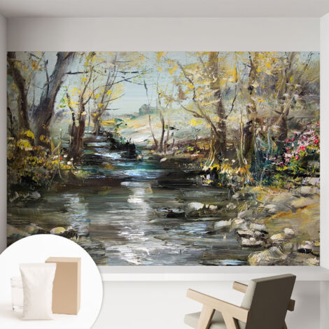 Papier peint intissé mural classique avec imprimé motifs décoratifs design élégant non‑tissé Ruisseau forestier 152x104 cm (1/5)