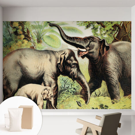 Papier peint intissé pour salon chambre à coucher peint imprimé Installation facile - Colle incluse gratuite Famille d'éléphants 152x104 cm (1/5)