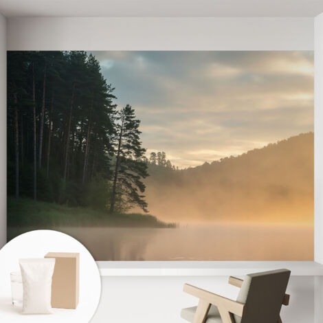 Papier peint intissé pour salon chambre à coucher peint imprimé Installation facile - Colle incluse gratuite Matin brumeux 152x104 cm (1/5)