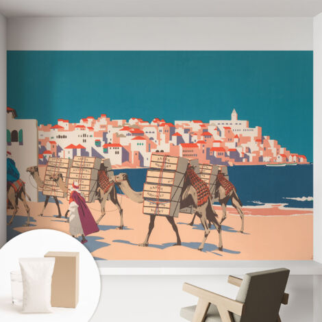 Papier peint intissé décoratif avec motifs pour salon et chambre a motif - Colle incluse gratuite Caravane de chameaux 152x104 cm (1/5)