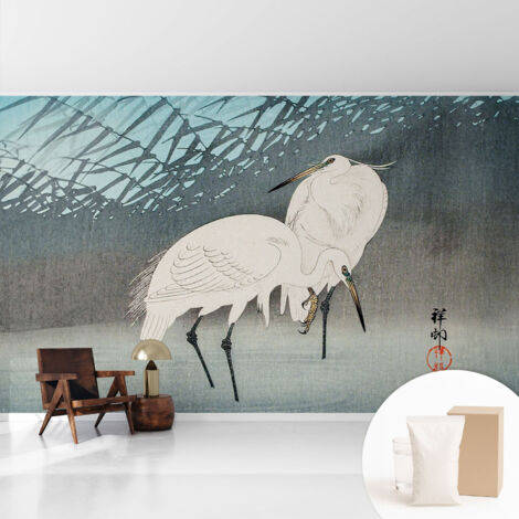 Papier peint intissé avec imprimé pour décoration intérieure pour rénovation a motif - Colle incluse gratuite Oiseaux délicats 416x254 cm (1/5)