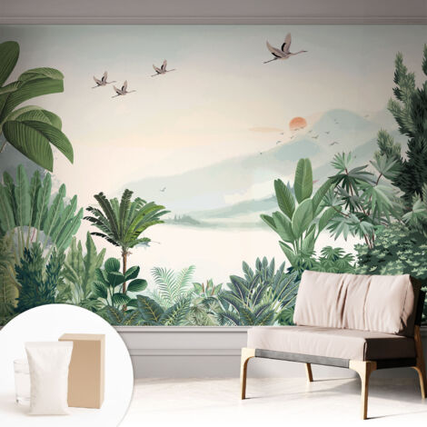 Papier peint intissé pour salon chambre à coucher peint imprimé Installation facile - Colle incluse gratuite Oasis tropicale 312x219 cm (1/5)