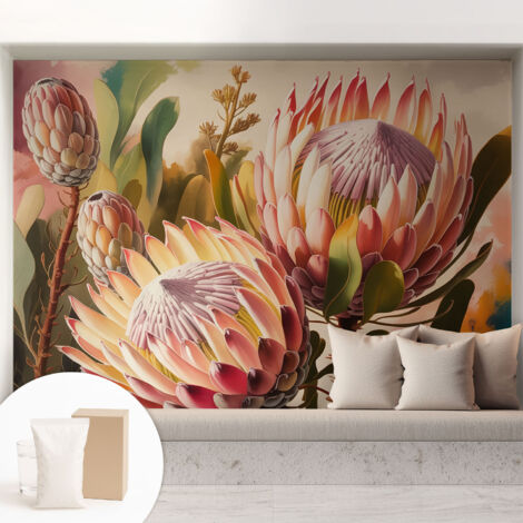 Papier peint intissé décoratif pour salon chambre et cuisine Facile à poser avec colle Fleurs de protéa 208x146 cm (1/5)