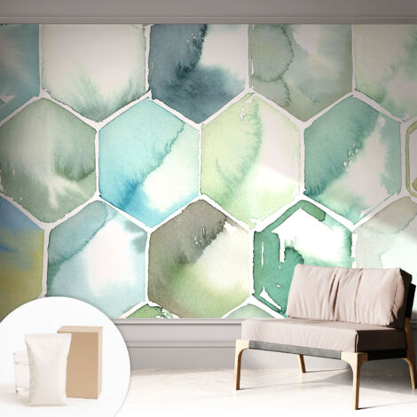 Papier peint intissé pour salon chambre à coucher peint imprimé Installation facile - Colle incluse gratuite Hexagones pastel 312x219 cm (1/5)
