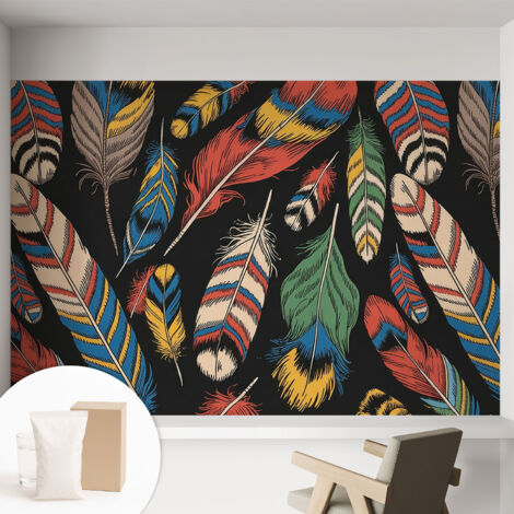 Papier peint intissé mural classique avec imprimé motifs décoratifs design élégant non‑tissé Plumes colorées 152x104 cm (1/5)
