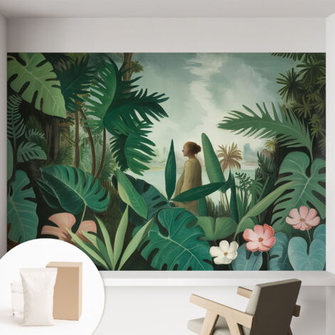 Papier peint intissé pour salon chambre à coucher peint imprimé Installation facile - Colle incluse gratuite Jungle exotique 152x104 cm (1/5)