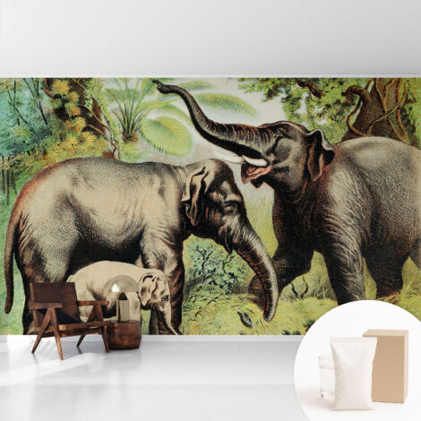 Papier peint intissé pour salon chambre à coucher peint imprimé Installation facile - Colle incluse gratuite Famille d'éléphants 416x254 cm (1/5)