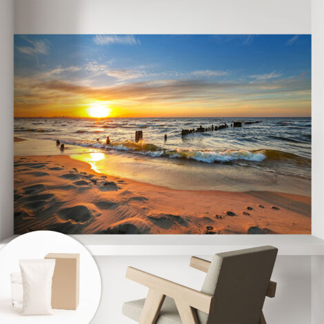 Papier peint intissé pour salon chambre à coucher peint imprimé pour mur - Colle incluse gratuite Coucher de soleil sur la plage 104x70 cm (1/5)