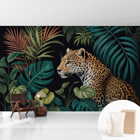 Papier peint intissé pour salon chambre à coucher peint imprimé Installation facile - Colle incluse gratuite Léopard exotique 416x254 cm (1/5)
