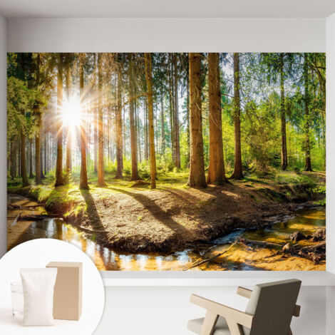 Papier peint intissé pour salon chambre à coucher peint imprimé pour mur - Colle incluse gratuite Idyllique forêt 152x104 cm (1/5)